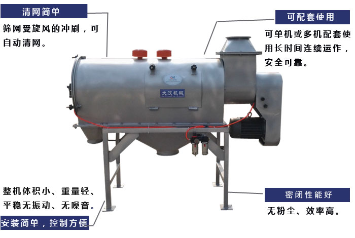 氣旋篩工作原理：篩網(wǎng)受旋風(fēng)的沖刷，可自動(dòng)清網(wǎng)，單機(jī)或多機(jī)配套使用長(zhǎng)時(shí)間連續(xù)運(yùn)作，安全可靠。