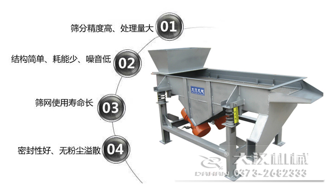 1016型直線振動(dòng)篩特點(diǎn)：1，篩分精度高，處理量大。2，結(jié)構(gòu)簡單，耗能少，噪音低，3，篩網(wǎng)使用壽命長，密封性好無粉塵溢散。