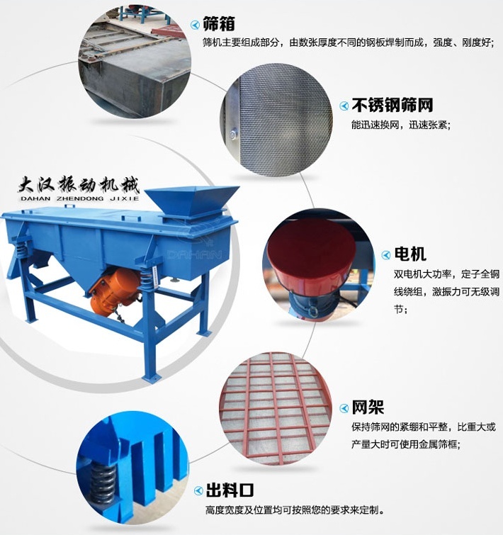 525型直線振動篩結(jié)構(gòu)細節(jié)：篩箱：篩機主要組成部分，由數(shù)張厚度不同的鋼板焊制而成，強度，剛度好。不銹鋼篩網(wǎng)：能速換網(wǎng)，迅速張緊。電機：雙電機大功率，定子全銅線繞組，激振力可無級調(diào)節(jié)。網(wǎng)架：保持篩網(wǎng)的緊繃和平整，比重大或產(chǎn)量大時可使用金屬篩框。出料口：高度寬度及位置均可按照您的要求定制。