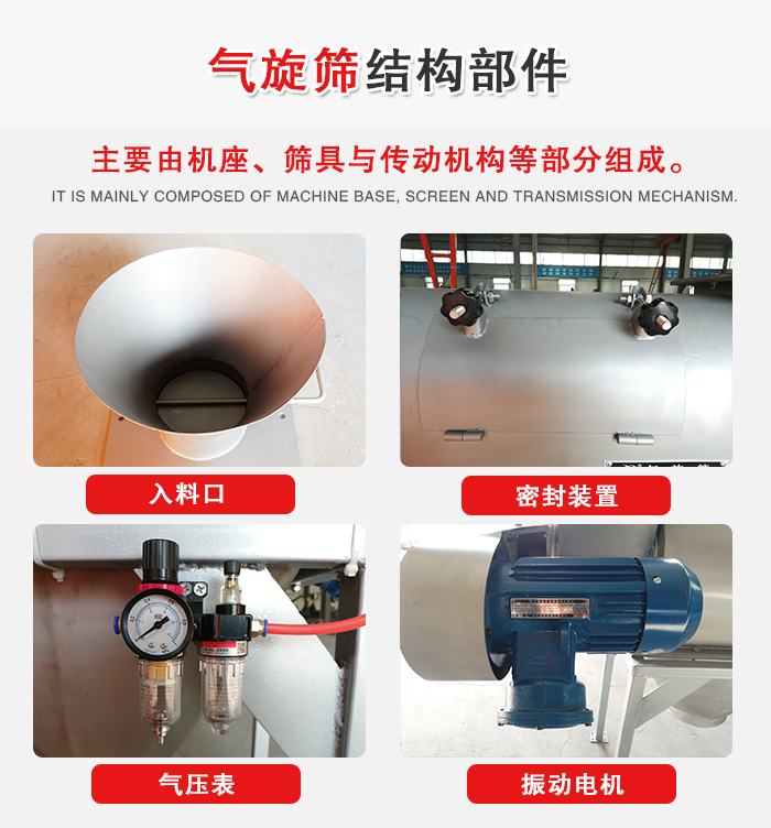 氣旋篩結(jié)構(gòu)：入料口，密封裝置，電機(jī)，氣壓表等